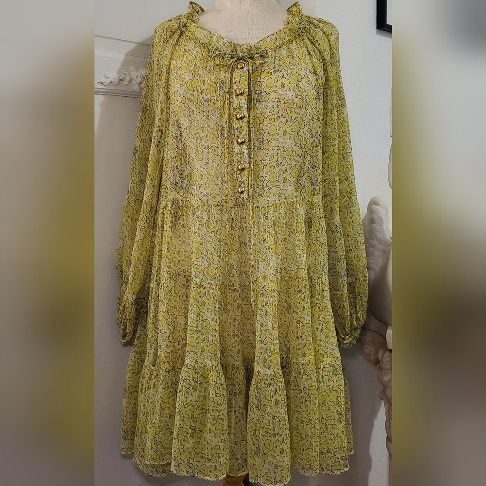 Free People Sheer Yellow Tiered Flowy Babydoll Long Sleeve Mini Dress S Small